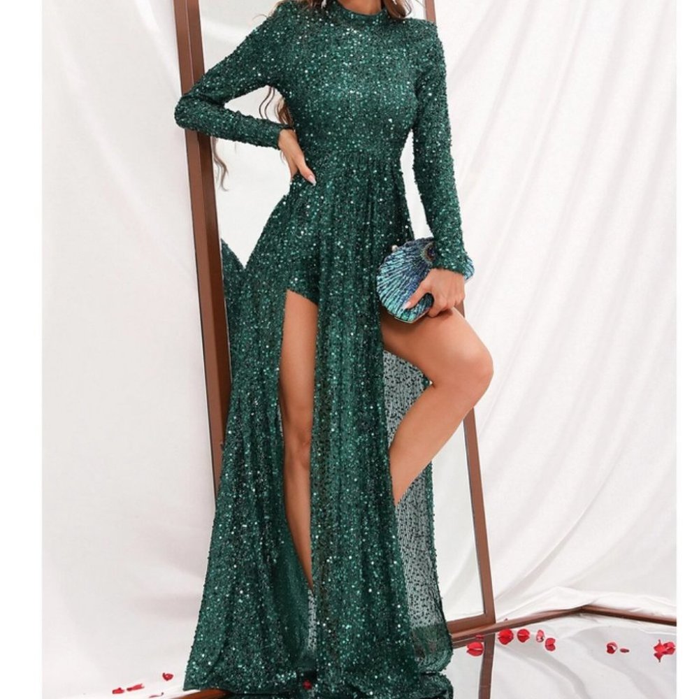 dark green sequin romper dress chic
